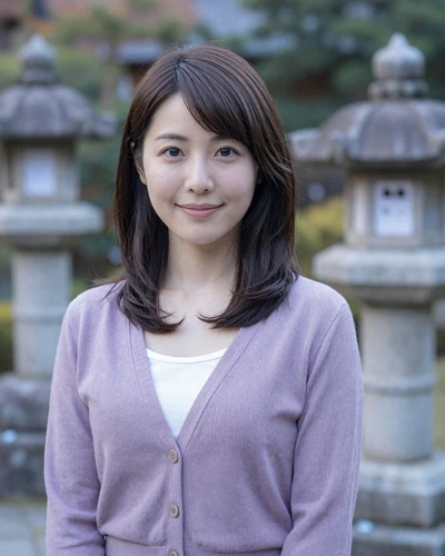 Japanese woman Yuki from Osaka in a lavender cardigan at a serene Japanese garden