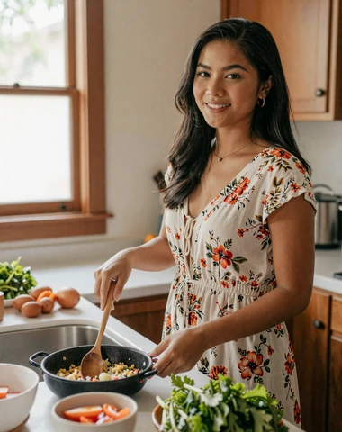 Filipina woman cooking traditional Filipino dish adobo in a warm home kitchen