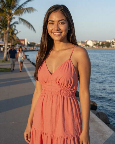 Filipina woman Maricris from Davao in a coral sundress on a waterfront promenade