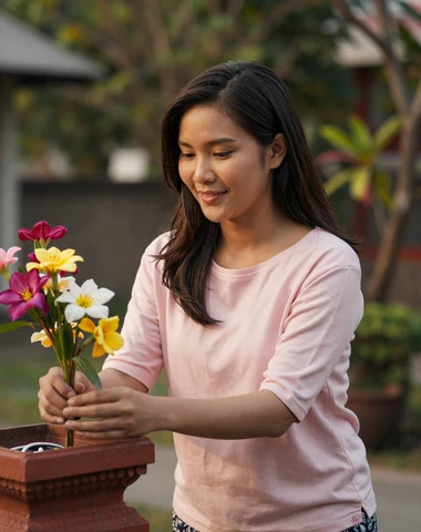 Thai woman offering flowers at a Buddhist spirit house in a peaceful garden