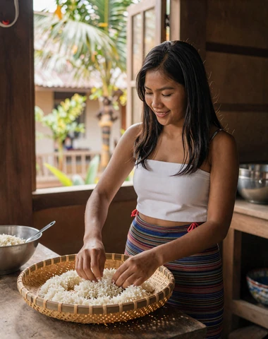 Laotian woman preparing traditional sticky rice in a warm bamboo kitchen