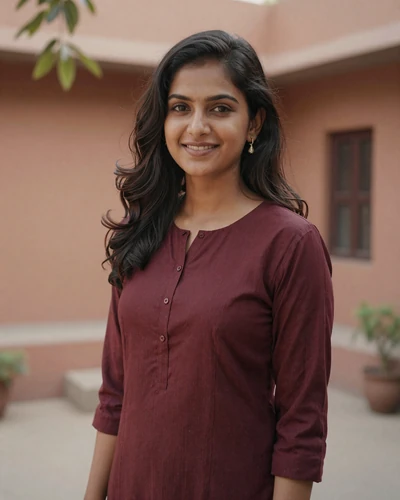 Indian woman Anika from Kolkata in a burgundy kurti in a sunlit courtyard