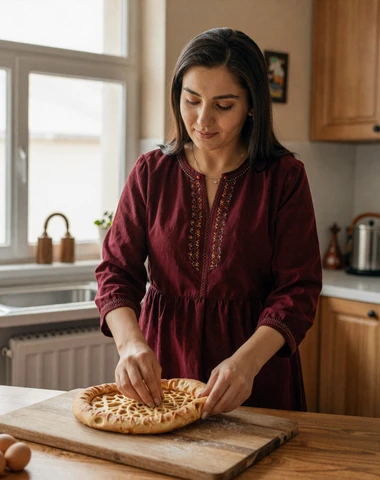 Turkmen woman preparing traditional chorek bread in a warm sunlit kitchen