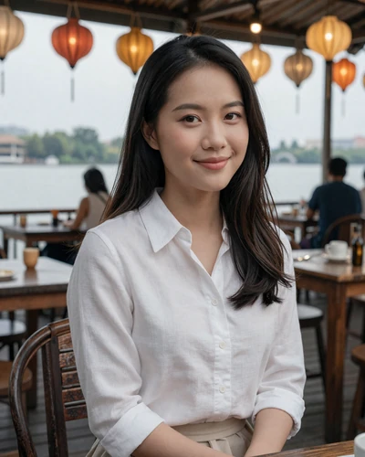 Vietnamese woman Huong from Da Nang at a riverside cafe with lanterns