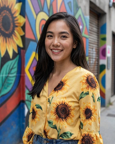 Filipina woman Grace from Manila cheerfully posing near colorful street art