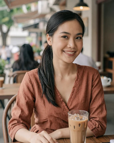 Verified Vietnamese woman Lan from Da Nang at an outdoor cafe