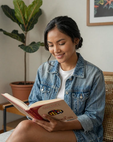 Indonesian woman reading in a cozy modern living room with tropical plants