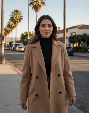 Modern Armenian diaspora woman walking confidently through a sunny Los Angeles neighborhood