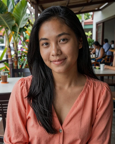 Filipino woman Jasmine from Cebu smiling at an outdoor tropical cafe