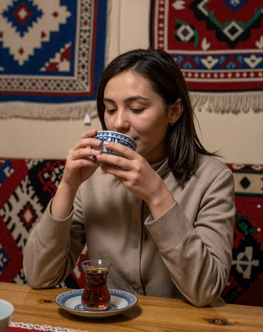 Kyrgyz woman drinking tea in traditional home interior with colorful felt textiles