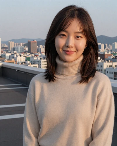 Korean woman Eunji from Incheon in a cream turtleneck on a city rooftop