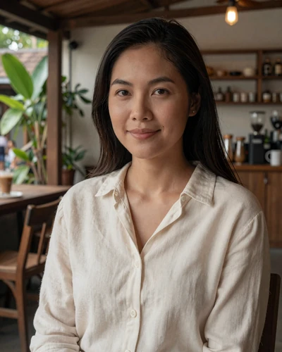 Thai woman Nok from Chiang Mai in a rustic wooden coffee shop surrounded by plants