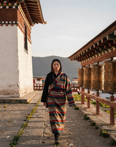 Bhutanese woman walking near a traditional temple with Himalayan mountains in the background