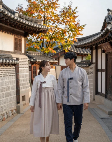Korean couple walking through traditional Bukchon Hanok Village in Seoul during autumn