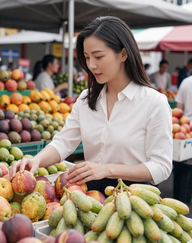 Singaporean Chinese woman shopping at a vibrant local market in Singapore