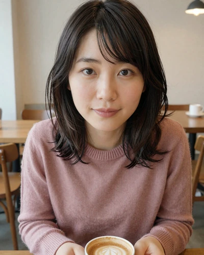 Japanese woman Yuki from Osaka in a dusty rose sweater at a cozy cafe