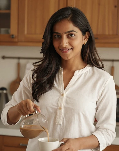 Indian woman preparing chai tea in a warm modern kitchen with natural sunlight