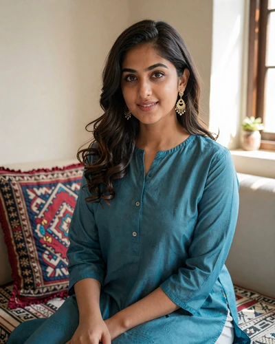 Pakistani woman Nadia from Karachi in a teal tunic ready for cross-cultural dating
