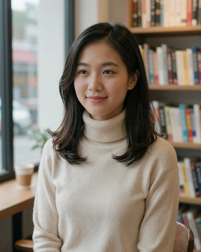Vietnamese woman Nhi from Hanoi in a cozy bookshop cafe with soft natural light