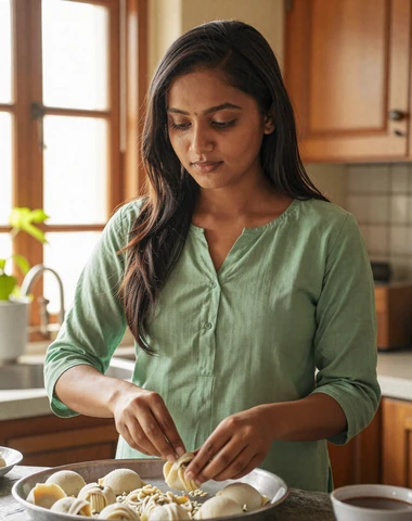 Bangladeshi woman preparing traditional Bengali sweets in a warm home kitchen