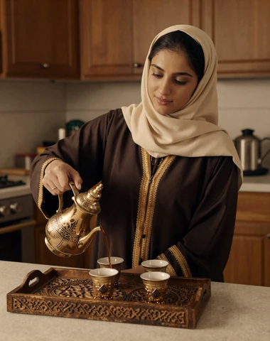 Yemeni woman serving traditional qishr coffee from a brass dallah in warm home setting