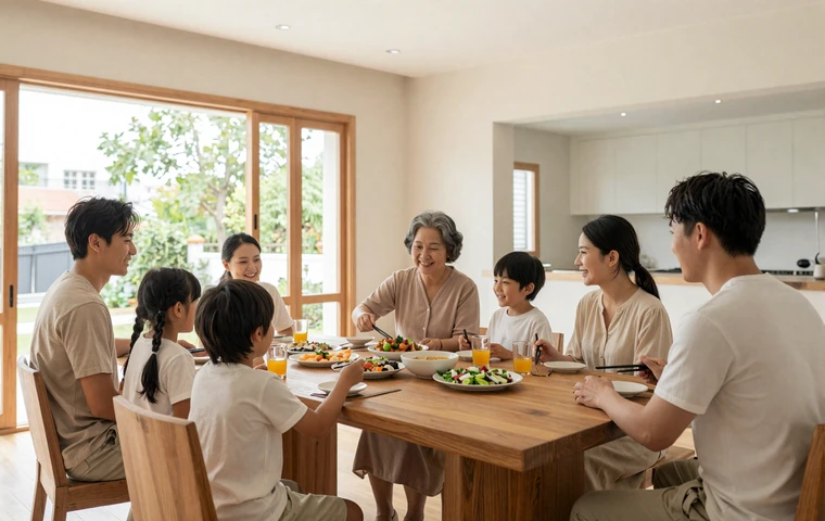 Multi-generational Asian family sharing a warm meal together in a bright modern dining room