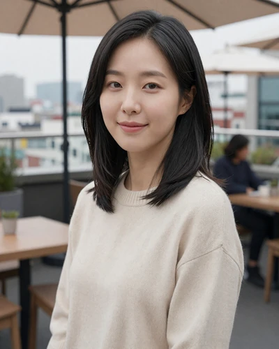 Korean woman Haeun from Seoul in a cream sweater at a modern rooftop cafe