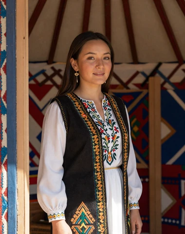 Kazakh woman wearing traditional embroidered vest near a yurt on the steppe