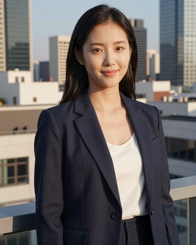 Korean woman Mina from Busan in a stylish navy blazer on a city rooftop