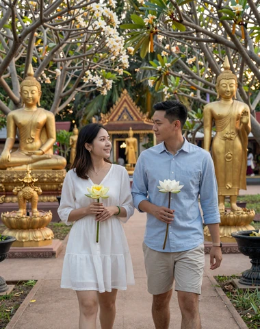 Cambodian couple walking together through a Buddhist temple garden with lotus flowers