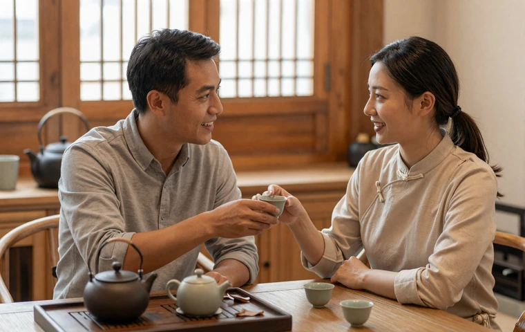 Couple sharing traditional Asian tea in a warm wooden tea house during a cross-cultural date