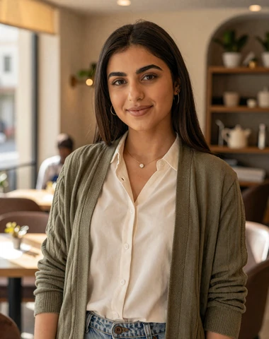 Jordanian woman in casual modern outfit smiling warmly in an Amman cafe