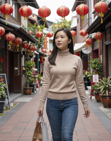 Taiwanese woman strolling through charming Jiufen old street with red lanterns overhead