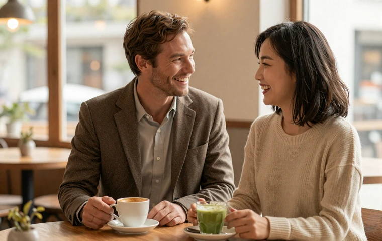 Western man and Korean woman sharing a warm conversation at a cozy cafe during a cross-cultural date