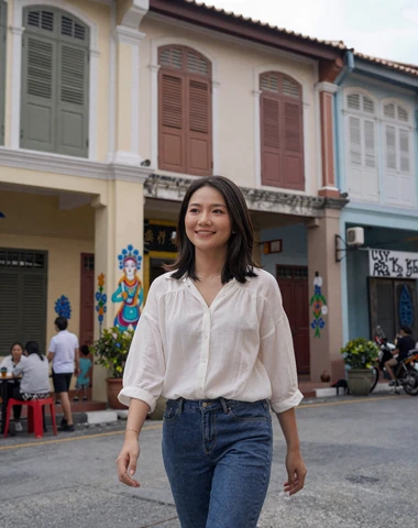 Chinese-Malaysian woman walking through heritage streets of Penang