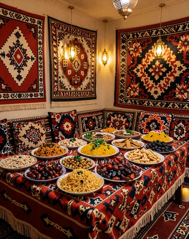 Traditional Tajik wedding celebration with colorful suzani textiles and festive table