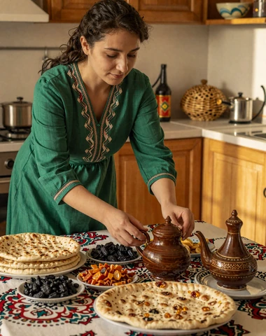 Uzbek woman preparing traditional dastarkhan table spread with flatbread and tea in a warm home kitchen
