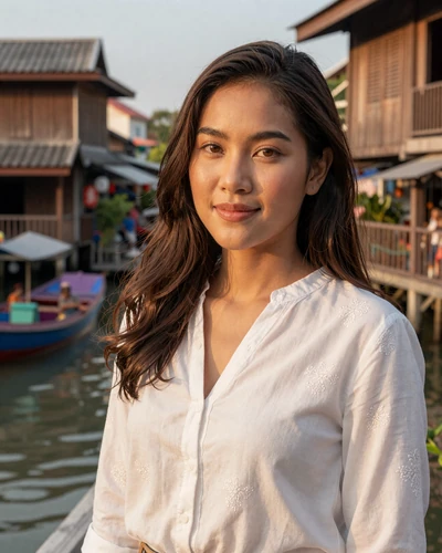 Thai woman Ploy from Bangkok in a white blouse near a traditional canal-side