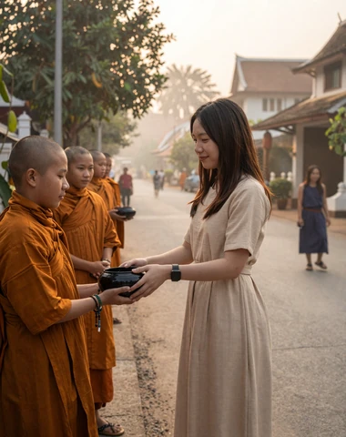 Laotian woman offering morning alms to Buddhist monks in Luang Prabang