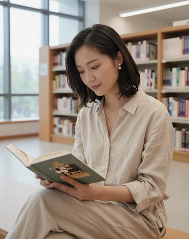 Chinese woman reading in a modern library setting showing intellectual depth