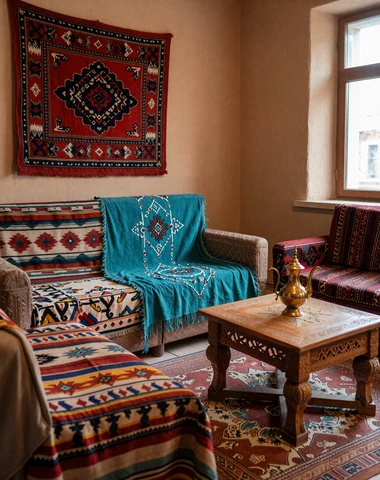 Traditional Uzbek home interior with suzani textiles and ikat fabrics showcasing craft heritage
