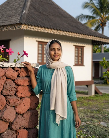 Maldivian woman near a traditional coral stone house surrounded by tropical flowers