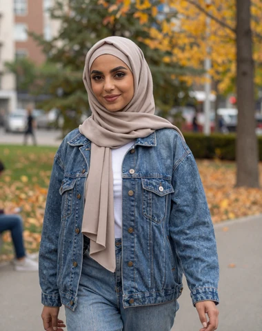 Modern Afghan diaspora woman walking confidently through an autumn city park
