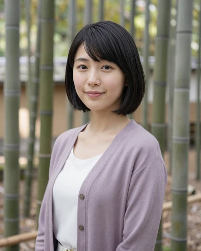 Japanese woman Haru from Kyoto in a lavender cardigan in a bamboo grove