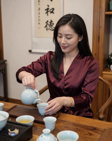 Chinese woman performing traditional tea ceremony in a warm modern setting