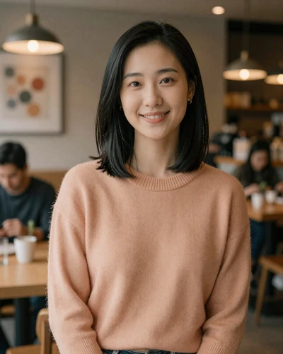 Chinese woman Xia from Beijing in a peach sweater at a modern cafe