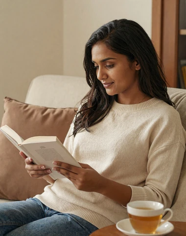 Sri Lankan woman reading a book in a cozy modern living room with warm lighting