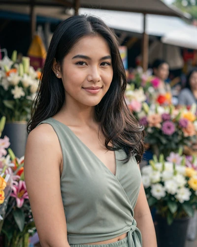 Thai woman Suda from Chiang Rai in a sage green top near a flower market