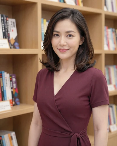 Taiwanese woman Wen from Taipei in a burgundy dress at a bookstore