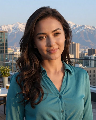 Kazakh woman Dinara from Almaty on a rooftop with mountain skyline